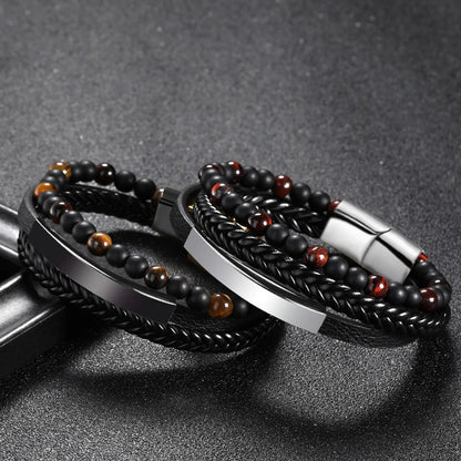 1 Piece Fashion Round Pu Leather Alloy Beaded Layered Patchwork Men'S Bracelets