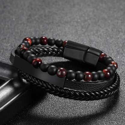 1 Piece Fashion Round Pu Leather Alloy Beaded Layered Patchwork Men'S Bracelets