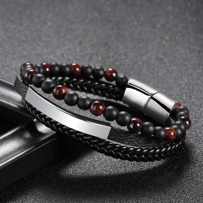 1 Piece Fashion Round Pu Leather Alloy Beaded Layered Patchwork Men'S Bracelets