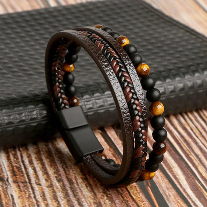 Fashion Round Pu Leather Alloy Tiger Eye Beaded Men'S Bracelets