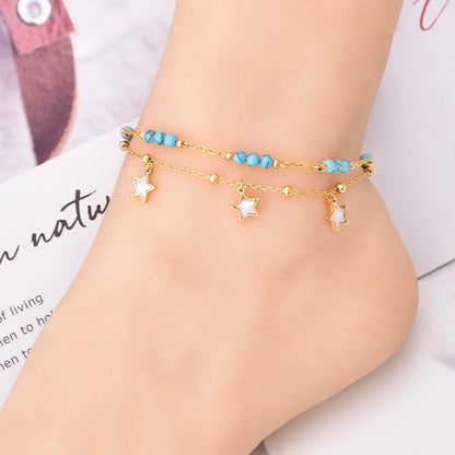 1 Piece Fashion Star Eye Turquoise Titanium Steel Inlay Shell Women's Anklet