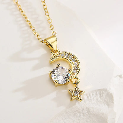 1 Piece Fashion Star Moon Copper Plating Inlay Zircon Pendant Necklace