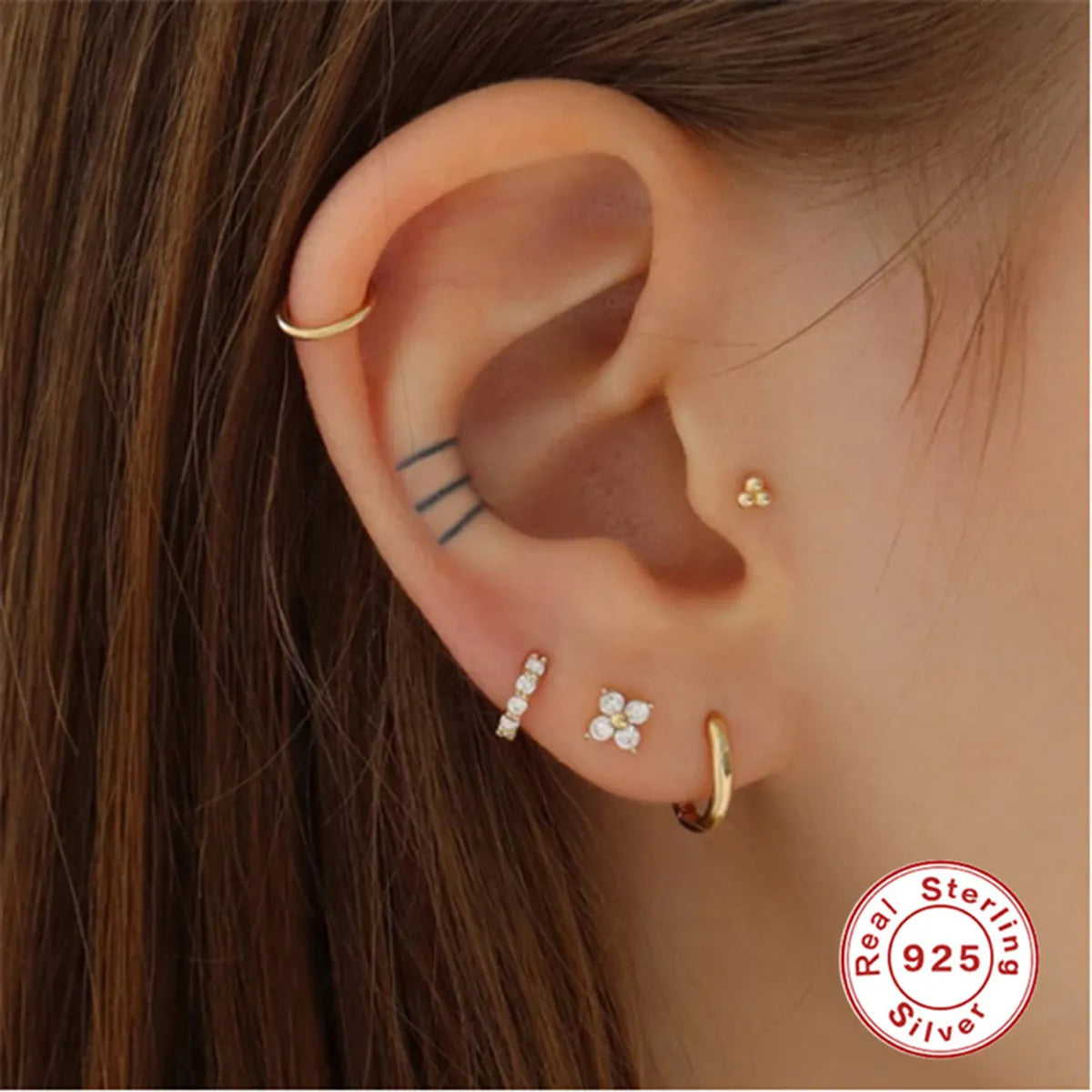 1 Piece Fashion Star Moon Lightning Sterling Silver Inlay Zircon Ear Studs