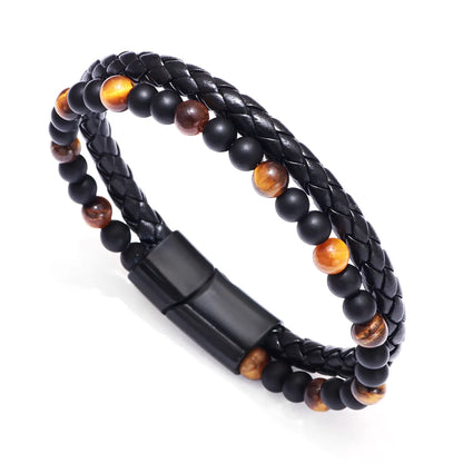 Fashion Stone Pu Leather Alloy Tiger Eye Knitting Natural Stone Unisex Bracelets