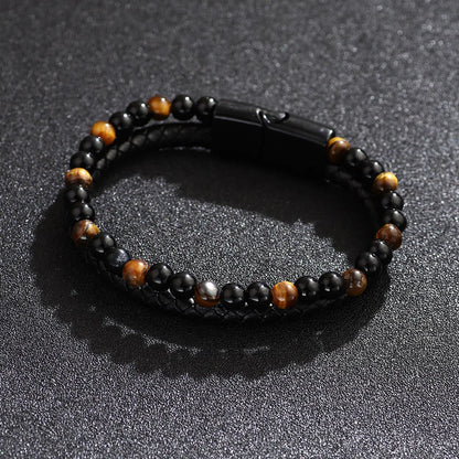 Fashion Stone Pu Leather Alloy Tiger Eye Knitting Natural Stone Unisex Bracelets