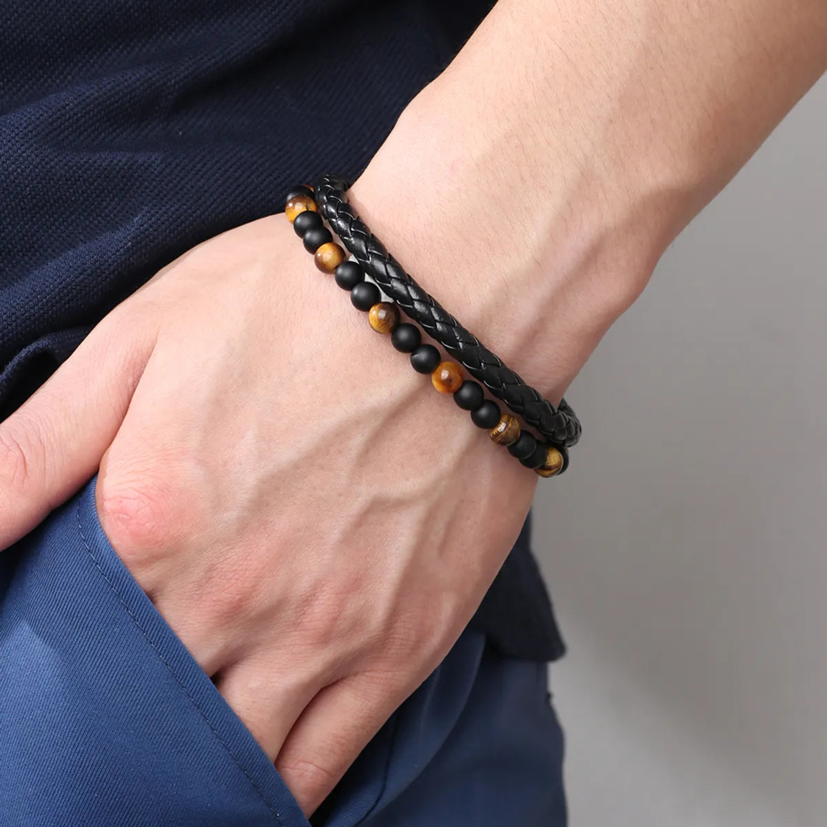 Fashion Stone Pu Leather Alloy Tiger Eye Knitting Natural Stone Unisex Bracelets