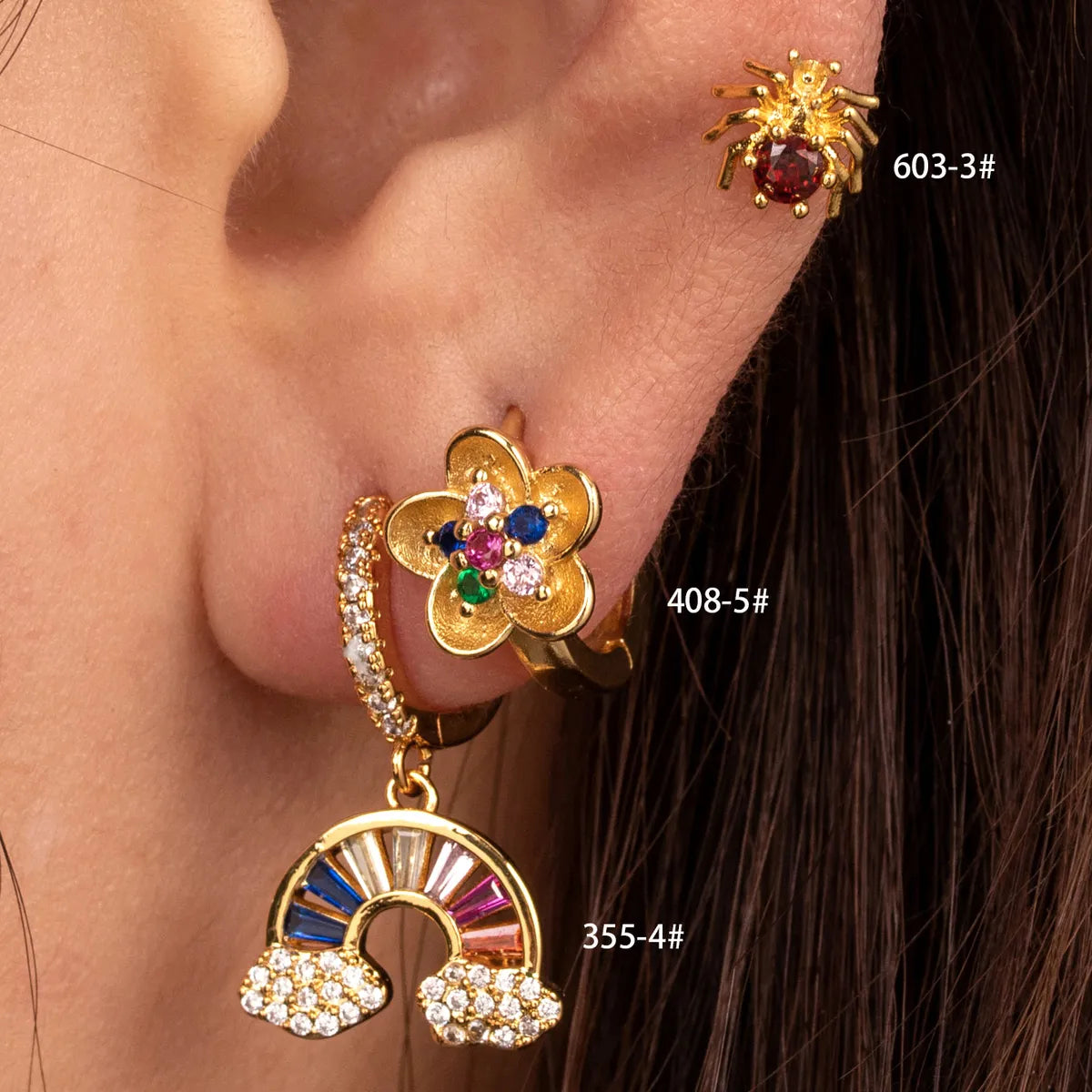 1 Piece French Style Rainbow Flower Spider Inlay Stainless Steel Copper Zircon Hoop Earrings