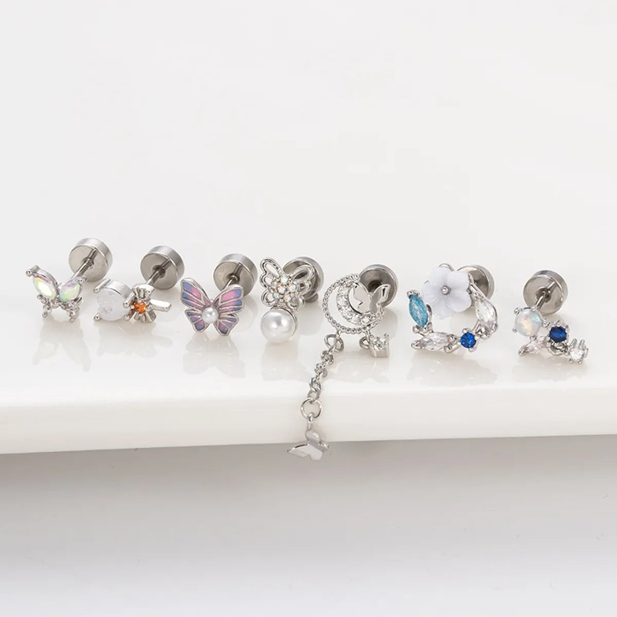 1 Piece Hip-hop Heart Shape Flower Butterfly Stainless Steel Copper Inlay Artificial Pearls Zircon Ear Studs