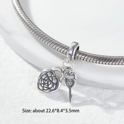 1 Piece Hole 4~4.9mm Sterling Silver Zircon Rhodium Plated Heart Shape Flower Key Polished Pendant