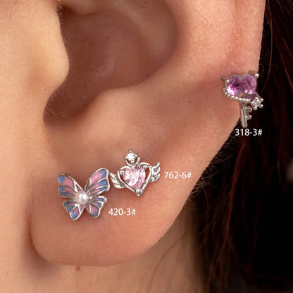 1 Piece IG Style French Style Simple Style Heart Shape Wings Butterfly Enamel Inlay Copper Pearl Zircon Ear Studs