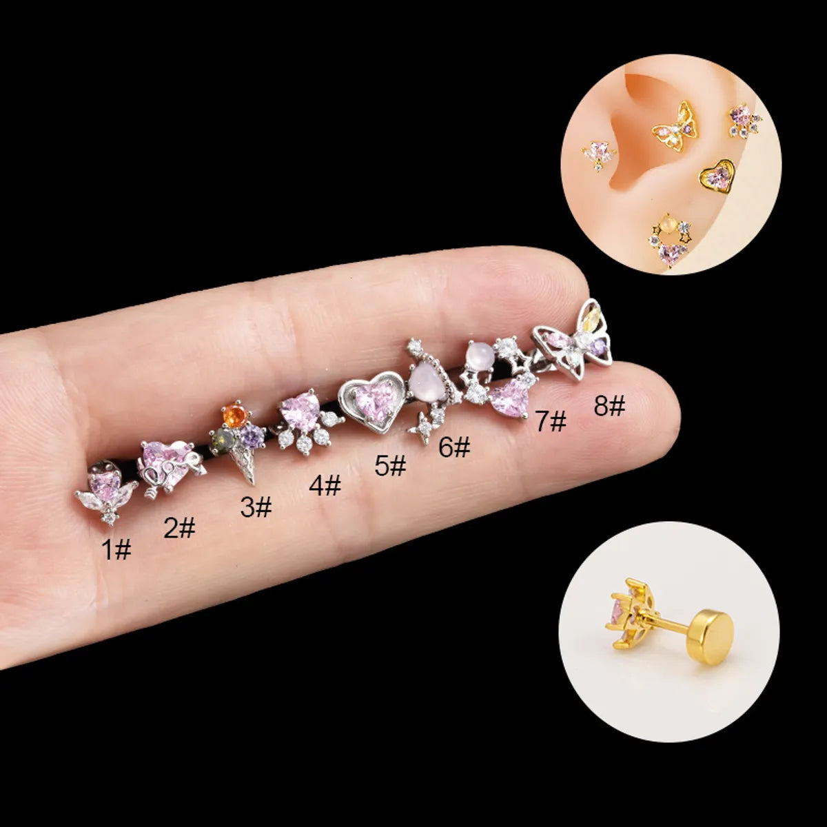 1 Piece Ear Cartilage Rings & Studs IG Style Heart Shape Butterfly Copper Plating Inlay Zircon