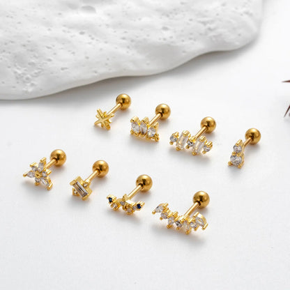 1 Piece Ig Style Korean Style Sector Flower Plating Inlay Stainless Steel Zircon 18k Gold Plated Ear Studs