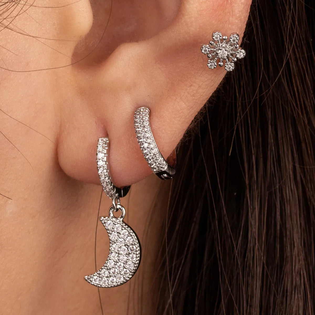 1 Piece Ig Style Moon Snowflake Copper Zircon Hoop Earrings Drop Earrings Ear Studs