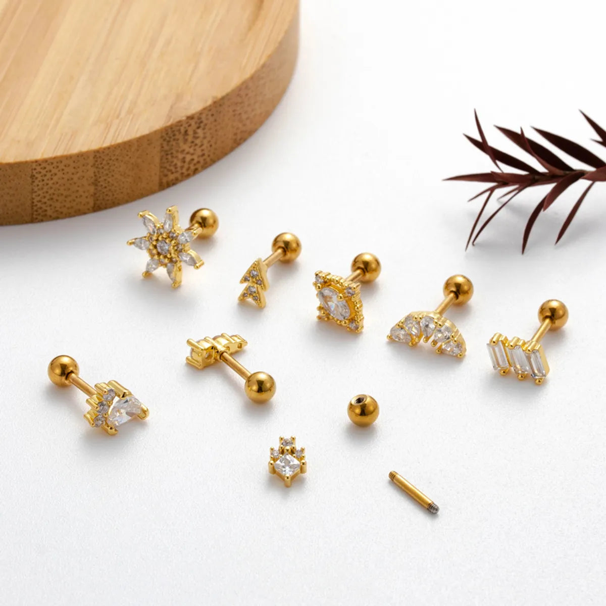 1 Piece Ig Style Sector Snowflake Plating Inlay Stainless Steel Zircon 18k Gold Plated Ear Studs