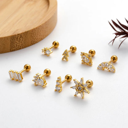 1 Piece Ig Style Sector Snowflake Plating Inlay Stainless Steel Zircon 18k Gold Plated Ear Studs