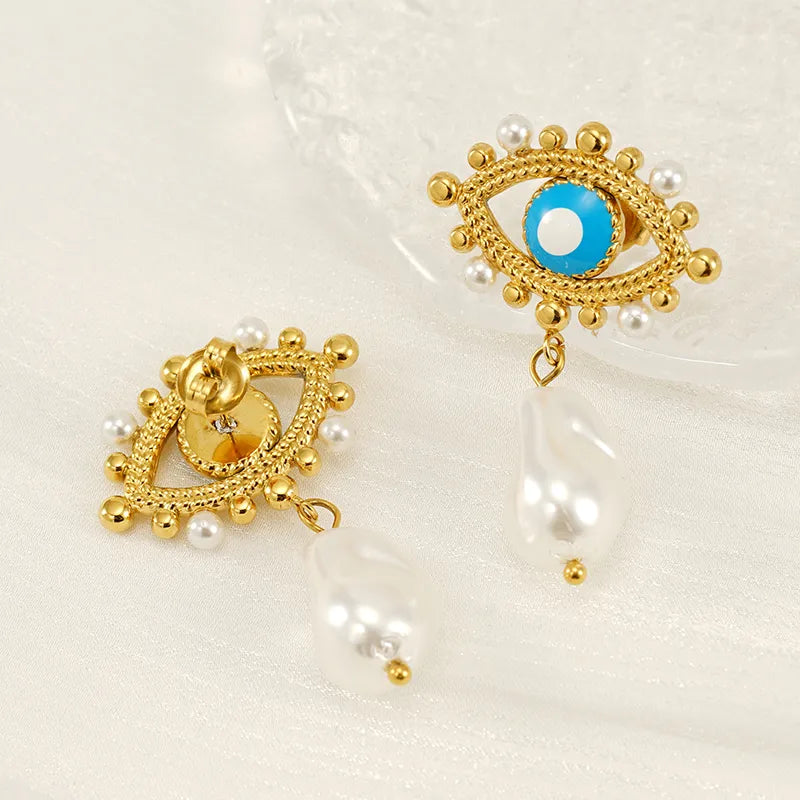 1 Piece IG Style Simple Style Eye Plating Inlay 304 Stainless Steel Artificial Pearls 18K Gold Plated Drop Earrings