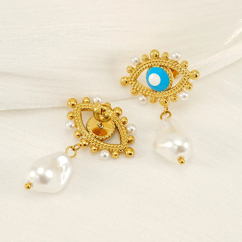 1 Piece IG Style Simple Style Eye Plating Inlay 304 Stainless Steel Artificial Pearls 18K Gold Plated Drop Earrings