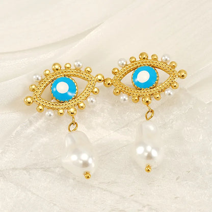 1 Piece IG Style Simple Style Eye Plating Inlay 304 Stainless Steel Artificial Pearls 18K Gold Plated Drop Earrings