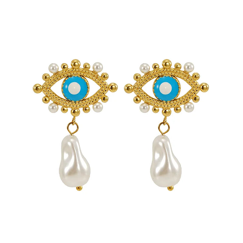 1 Piece IG Style Simple Style Eye Plating Inlay 304 Stainless Steel Artificial Pearls 18K Gold Plated Drop Earrings