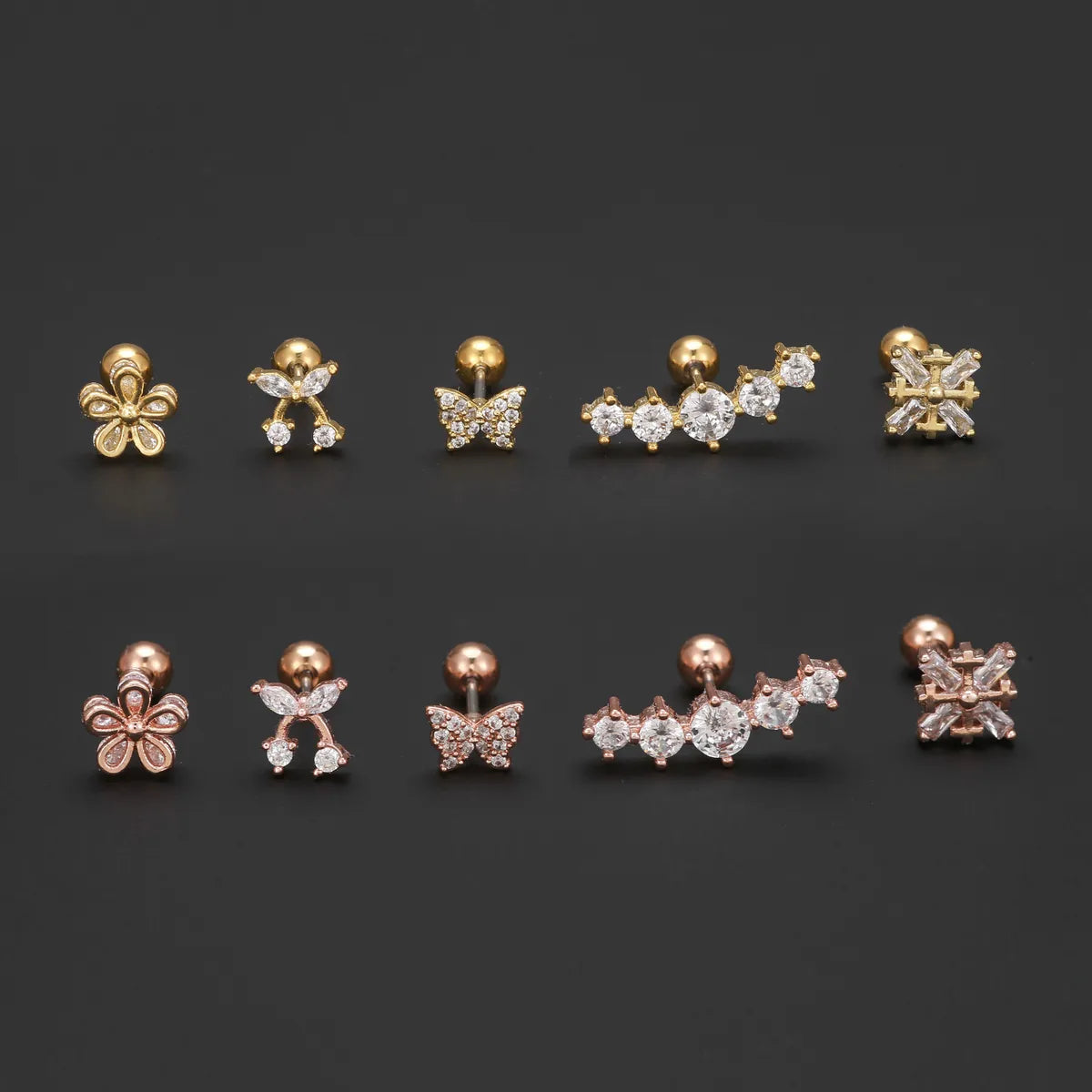 1 Piece Ig Style Simple Style Geometric Flower Butterfly Plating Inlay Brass Zircon 18k Gold Plated White Gold Plated Ear Studs