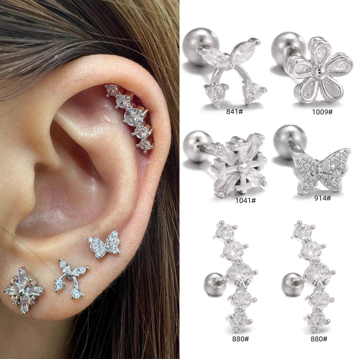 1 Piece Ig Style Simple Style Geometric Flower Butterfly Plating Inlay Brass Zircon 18k Gold Plated White Gold Plated Ear Studs