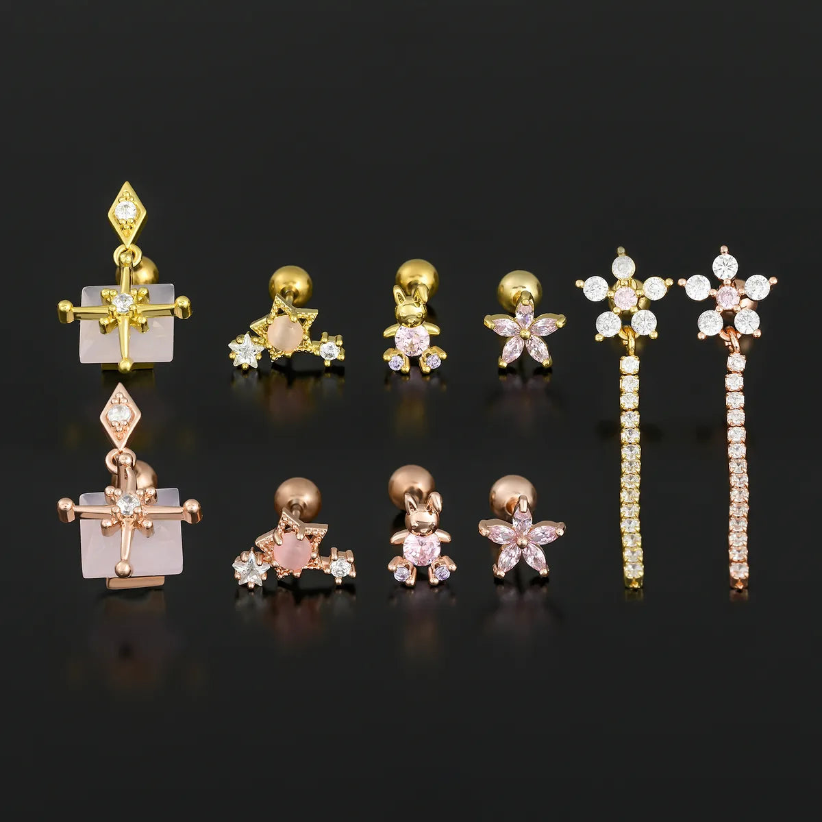 1 Piece Ig Style Simple Style Geometric Flower Plating Inlay Brass Zircon 18k Gold Plated White Gold Plated Ear Studs