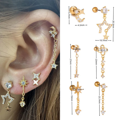 1 Piece Ig Style Simple Style Geometric Star Moon Plating Inlay Brass Zircon 18k Gold Plated White Gold Plated Ear Studs