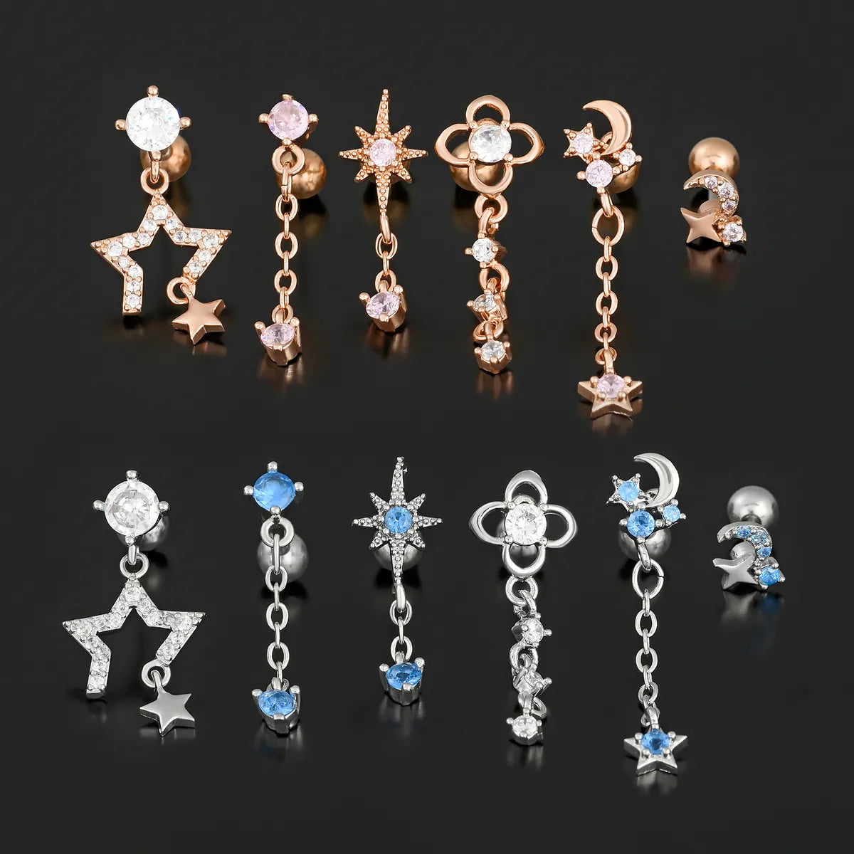 1 Piece Ig Style Simple Style Geometric Star Moon Plating Inlay Brass Zircon 18k Gold Plated White Gold Plated Ear Studs