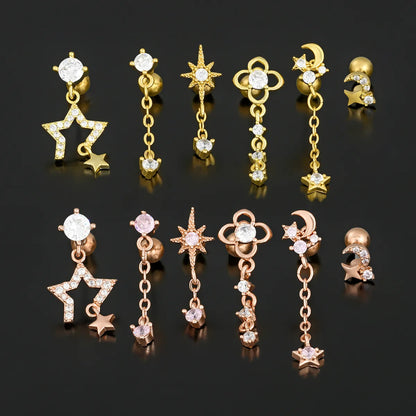 1 Piece Ig Style Simple Style Geometric Star Moon Plating Inlay Brass Zircon 18k Gold Plated White Gold Plated Ear Studs