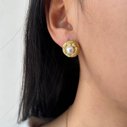 1 Piece IG Style Simple Style Round Inlay 304 Stainless Steel Artificial Pearls 18K Gold Plated Ear Studs