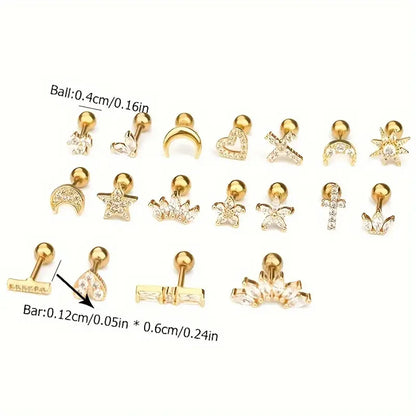 1 Piece IG Style Star Moon Inlay 304 Stainless Steel Zircon 14K Gold Plated Ear Studs