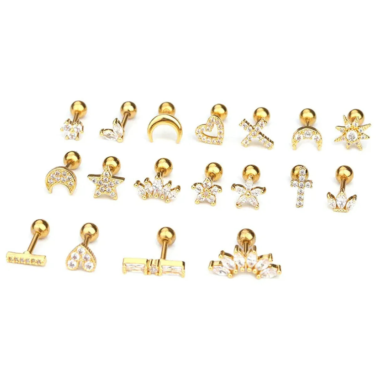 1 Piece IG Style Star Moon Inlay 304 Stainless Steel Zircon 14K Gold Plated Ear Studs