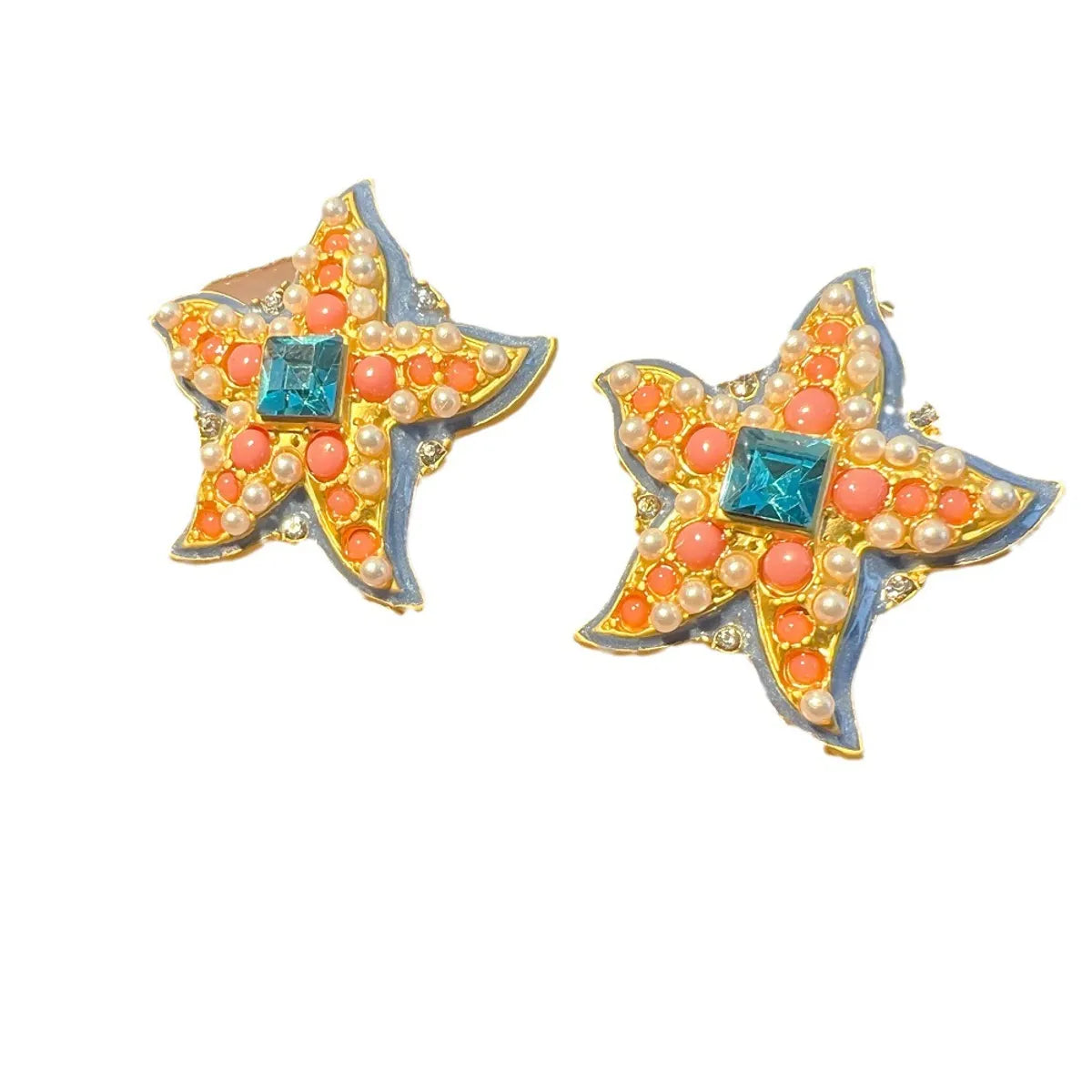 1 Piece Ig Style Starfish Plating Inlay Copper Pearl Zircon Gold Plated Ear Studs