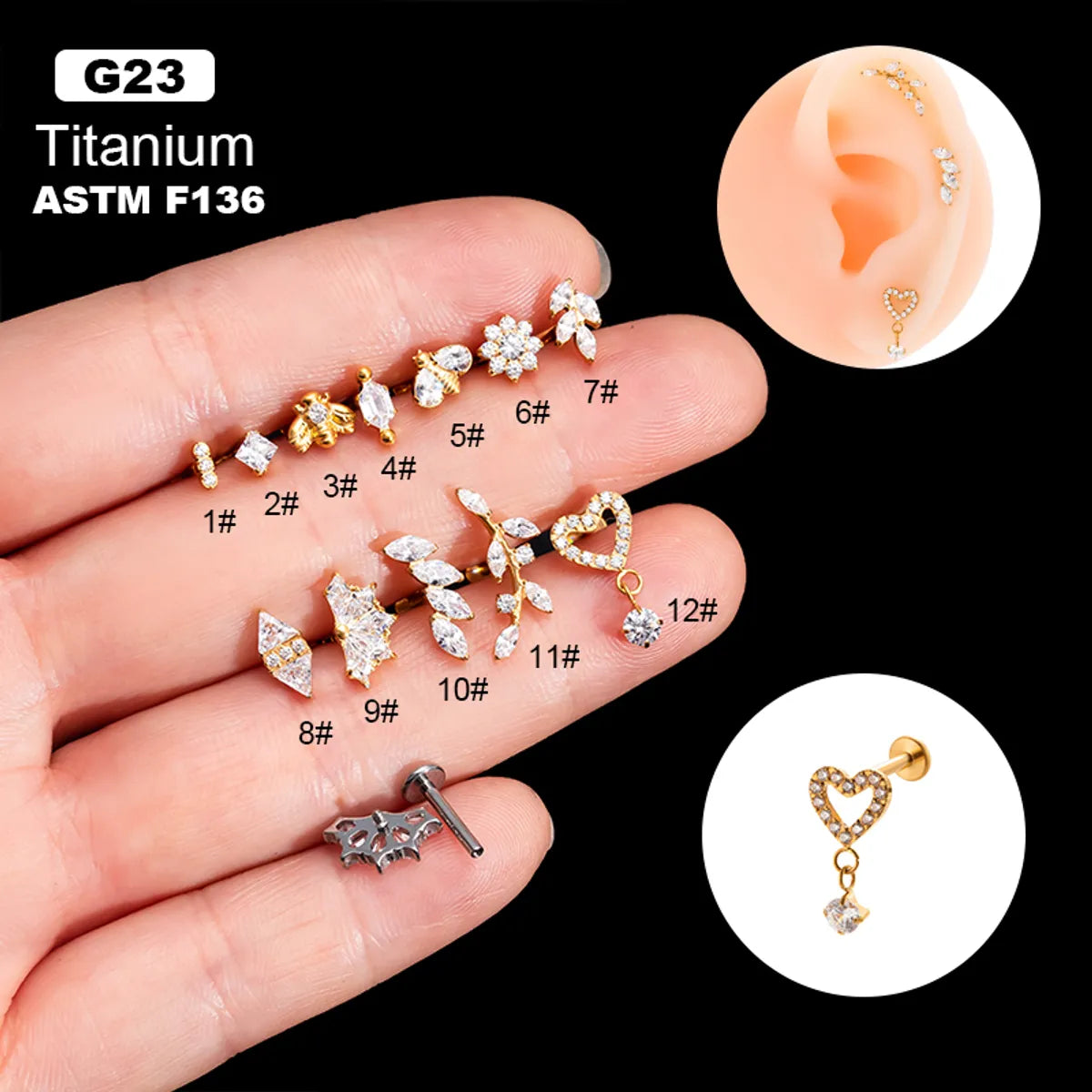 1 Piece Ig Style Vintage Style Leaves Heart Shape Bee Plating Inlay Titanium Alloy Zircon 18k Gold Plated Ear Studs