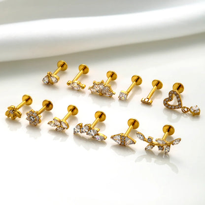 1 Piece Ig Style Vintage Style Leaves Heart Shape Bee Plating Inlay Titanium Alloy Zircon 18k Gold Plated Ear Studs