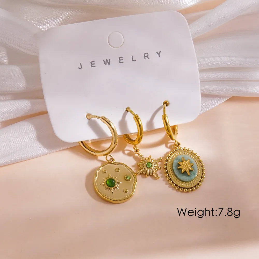 1 Piece IG Style Y2K Luxurious Color Block Plating Inlay 304 Stainless Steel Natural Stone Shell Zircon 14K Gold Plated Drop Earrings