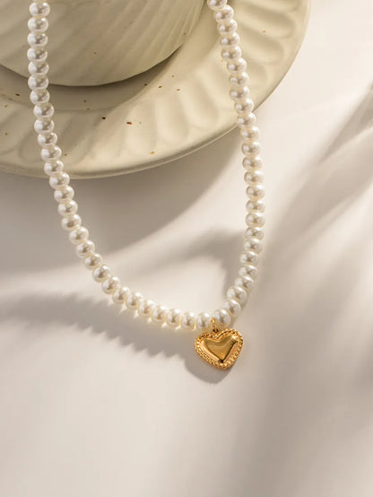 1 Piece Ins Style Heart Shape Stainless Steel Freshwater Pearl Beaded Plating Pendant Necklace