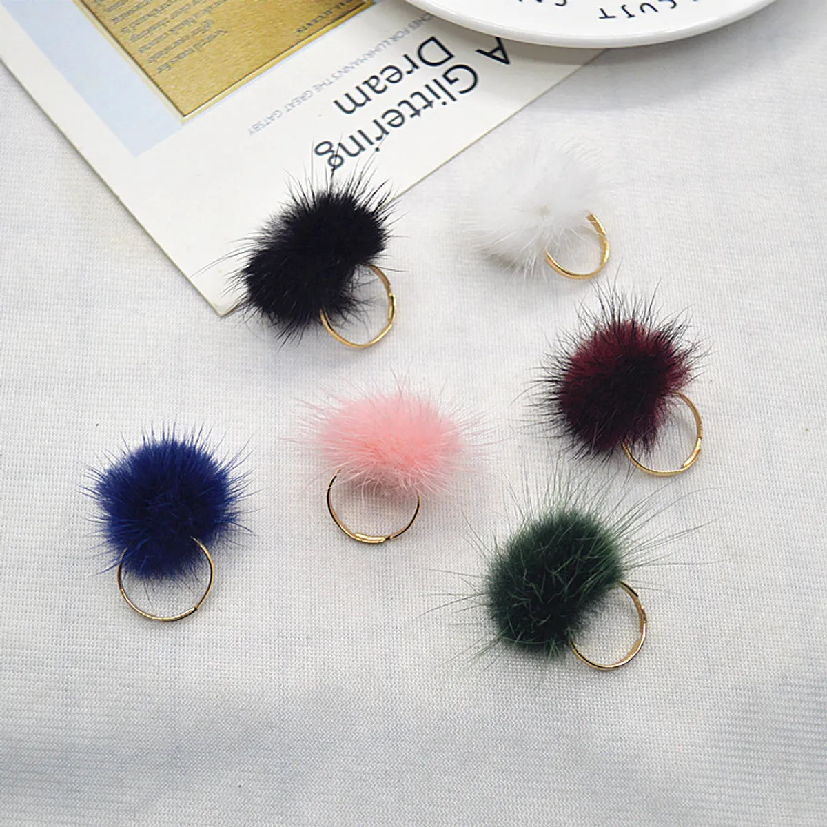 1 Piece Korean Style Hairball Mink Hair Metal Women's Rings