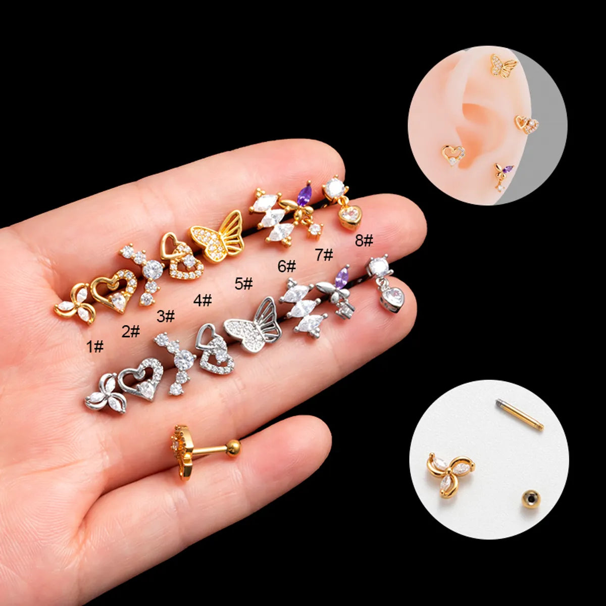 1 Piece Korean Style Heart Shape Butterfly Plating Inlay Stainless Steel Zircon 18k Gold Plated Ear Studs