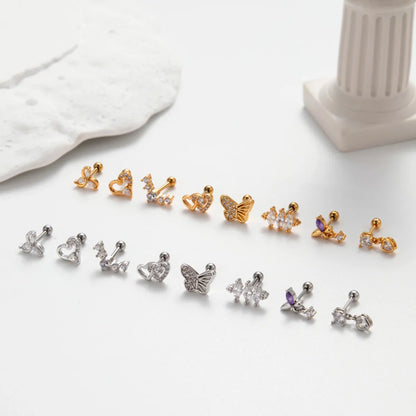 1 Piece Korean Style Heart Shape Butterfly Plating Inlay Stainless Steel Zircon 18k Gold Plated Ear Studs