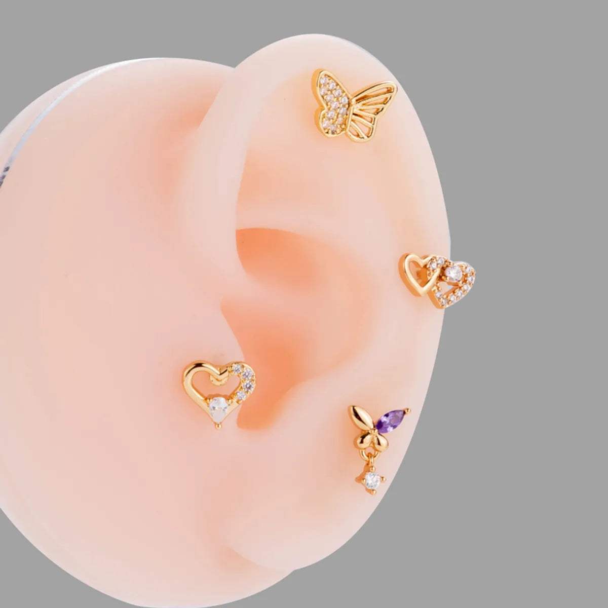 1 Piece Korean Style Heart Shape Butterfly Plating Inlay Stainless Steel Zircon 18k Gold Plated Ear Studs