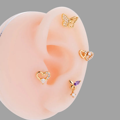 1 Piece Korean Style Heart Shape Butterfly Plating Inlay Stainless Steel Zircon 18k Gold Plated Ear Studs