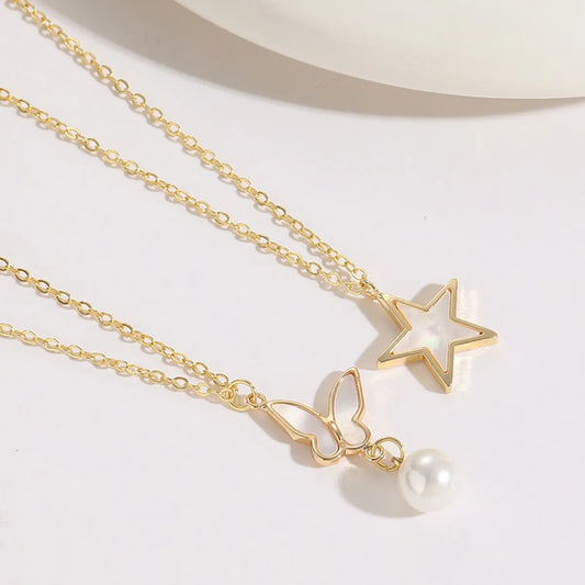 1 Piece Korean Style Star Butterfly Copper Pearl Plating Inlay Shell 14k Gold Plated Pendant Necklace