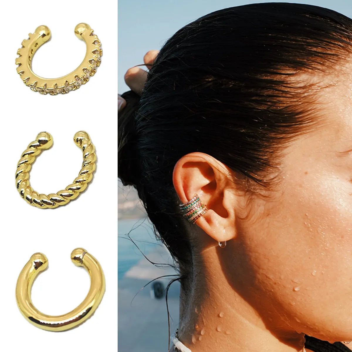 1 Piece Lady C Shape Spiral Stripe Plating Inlay Copper Zircon Ear Cuffs