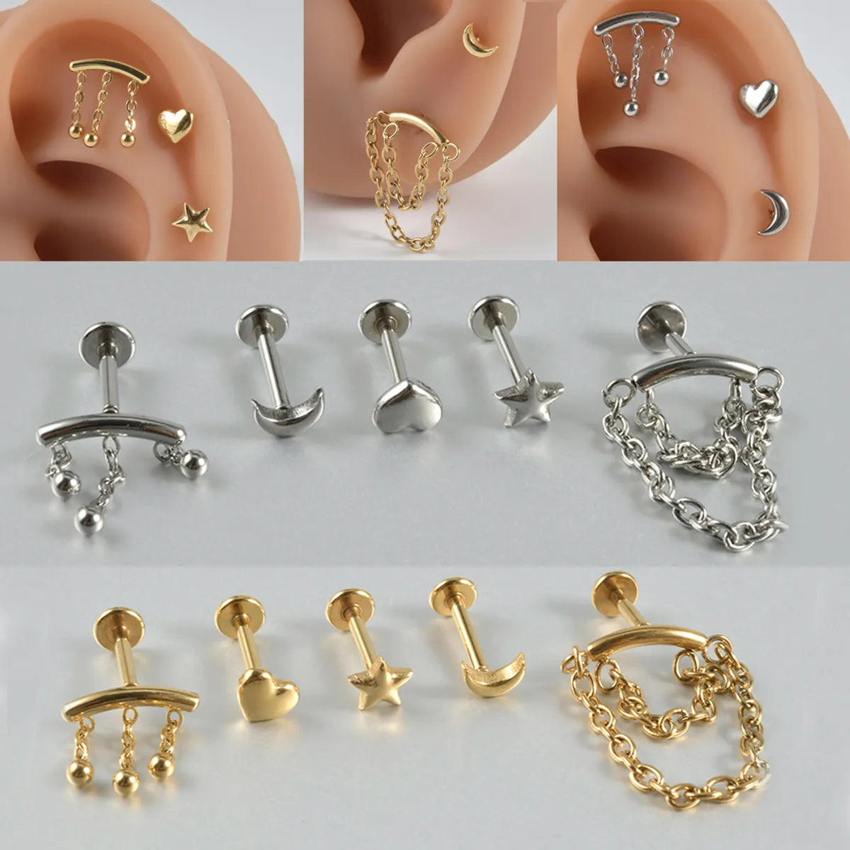 1 Piece Lip Rings Casual Hawaiian Tropical Star Moon 304 Stainless Steel 18K Gold Plated Ear Cartilage Rings & Studs