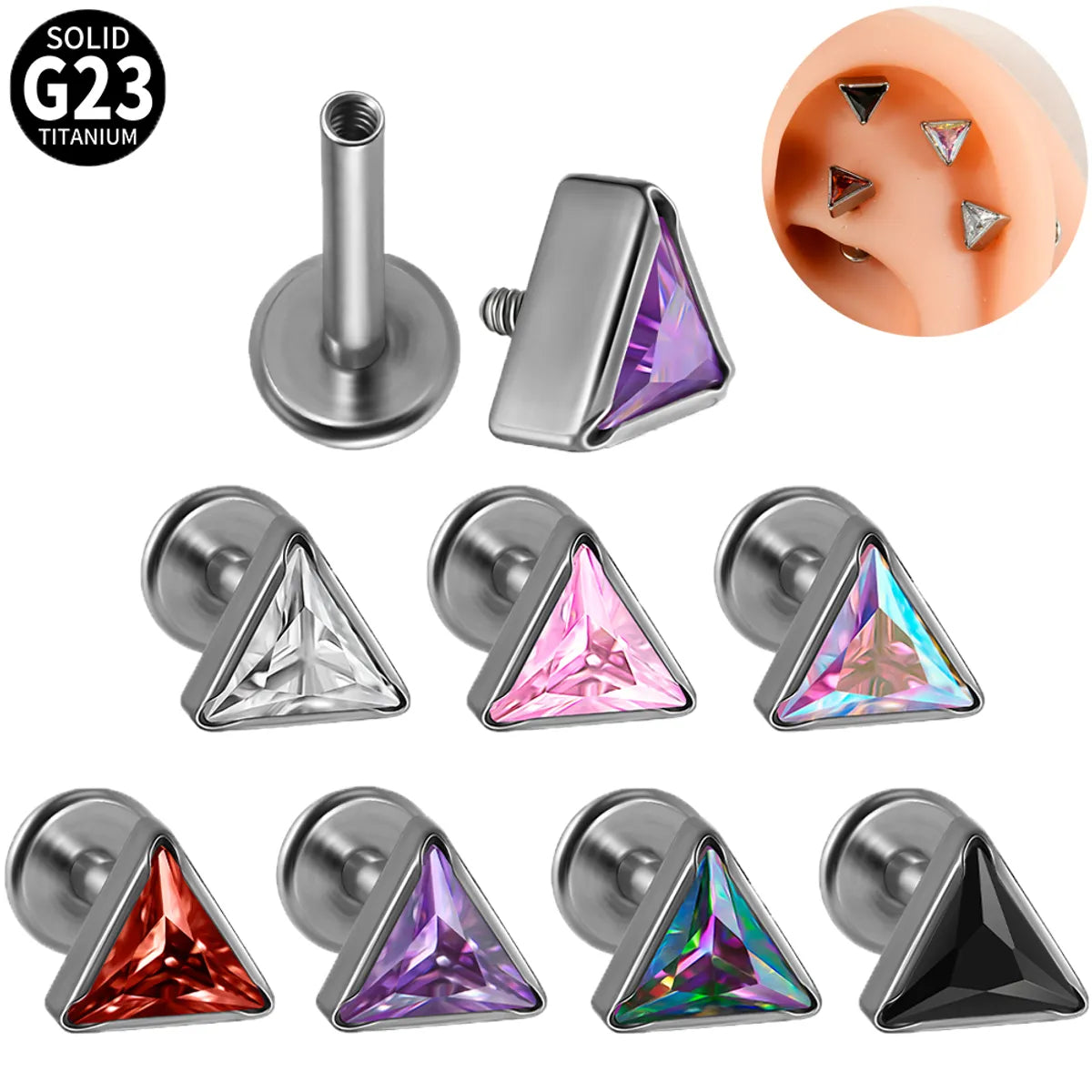 1 Piece Lip Rings Casual Simple Style Triangle G23 Titanium Alloy Inlay Zircon Lip Rings Ear Cartilage Rings & Studs Nose Rings & Studs