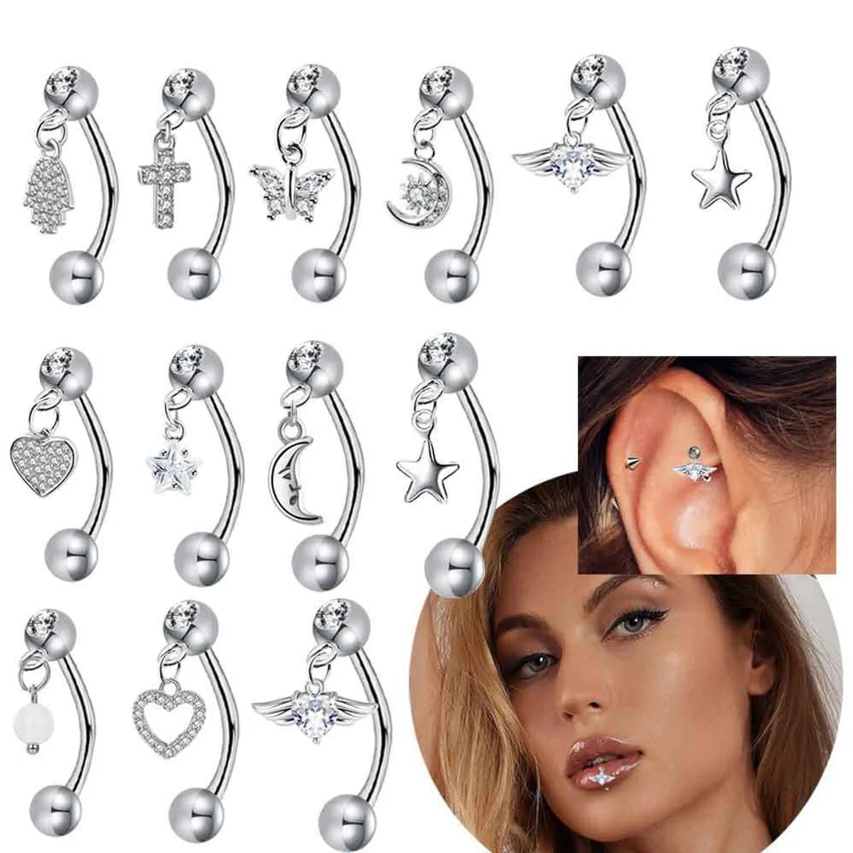 1 Piece Lip Rings Hip-Hop Cross Star Moon 304 Stainless Steel Copper Plating Inlay Zircon Lip Rings Eyebrow Studs Ear Cartilage Rings & Studs