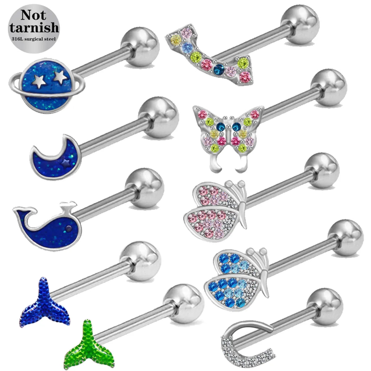 1 Piece Lip Rings Simple Style Classic Style Animal Fruit Snowflake 316 Stainless Steel  Rhinestone Titanium Steel Plating Inlay Rhinestones White Gold Plated Tongue Rings