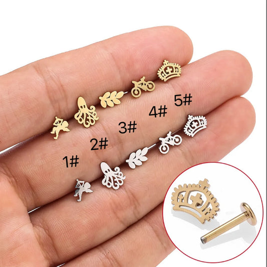 1 Piece Lip Rings Simple Style Classic Style Crown Bicycle 316L Stainless Steel  Polishing Flowers Hollow Out 18K Gold Plated Lip Rings Ear Cartilage Rings & Studs