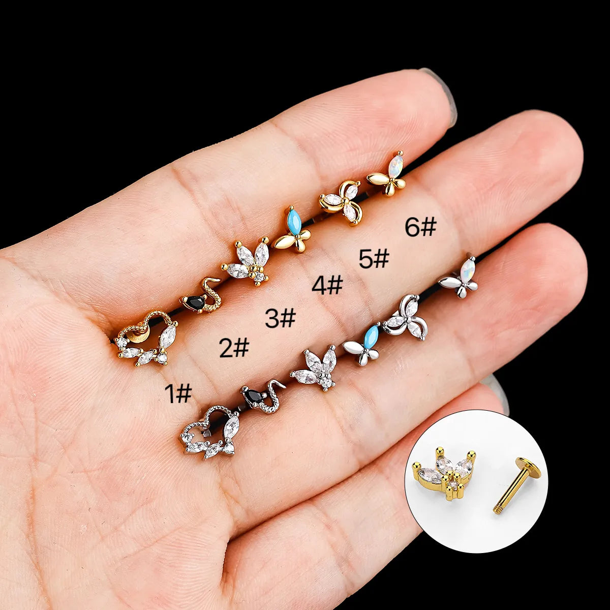 1 Piece Lip Rings Simple Style Crown Snake 316 Stainless Steel  Plating Turquoise Zircon Gold Plated Lip Rings